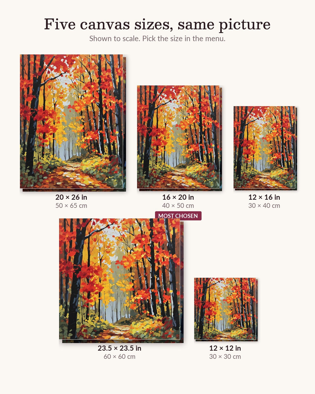 Sunlit Autumn Forest Path canvas sizes from 12 x 12 to 23.5 x 23.5 inches