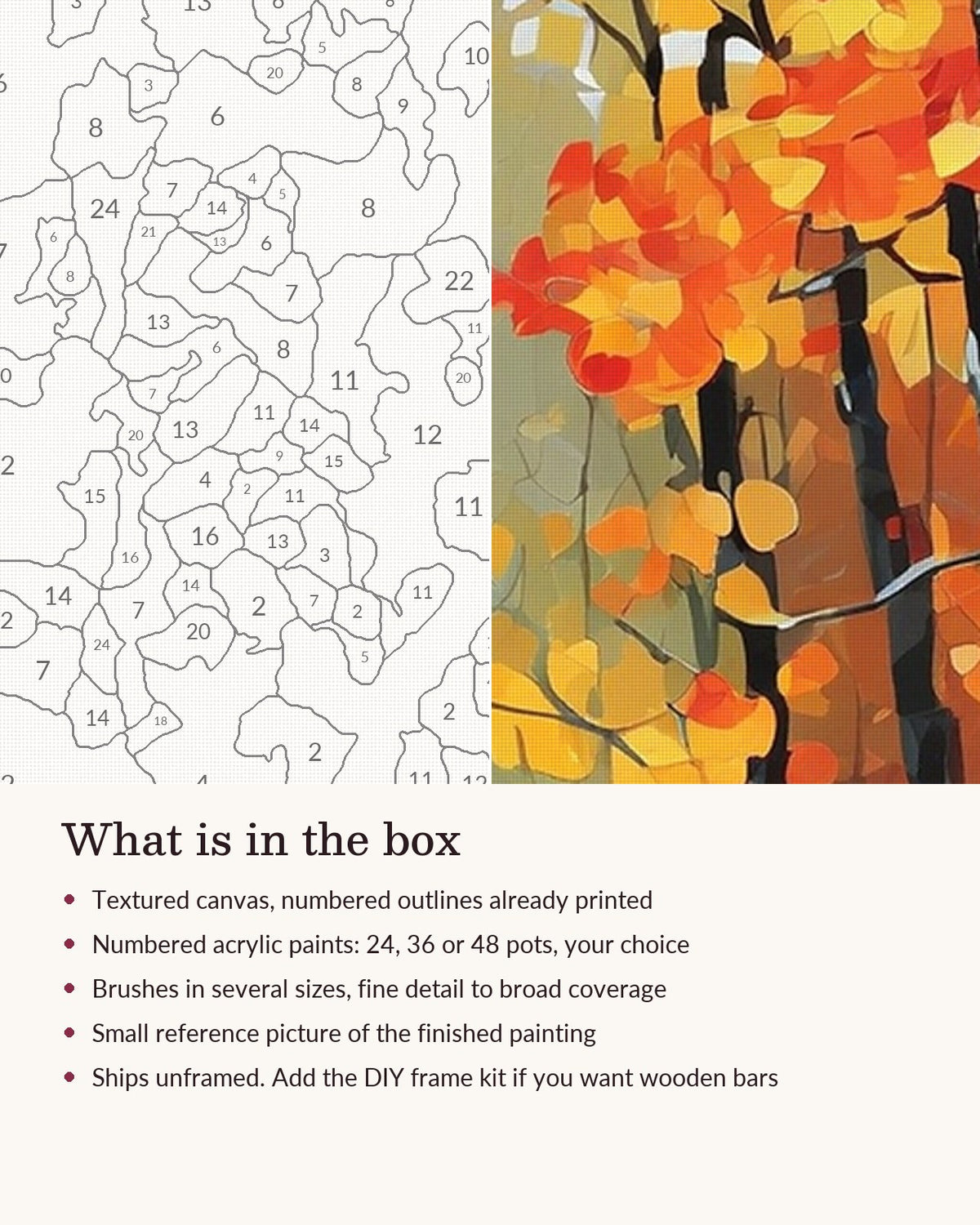 Close-up of the Sunlit Autumn Forest Path canvas texture and printed numbers