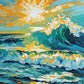 large curling turquoise ocean wave with white foam under a bright yellow sun, paint by numbers kit