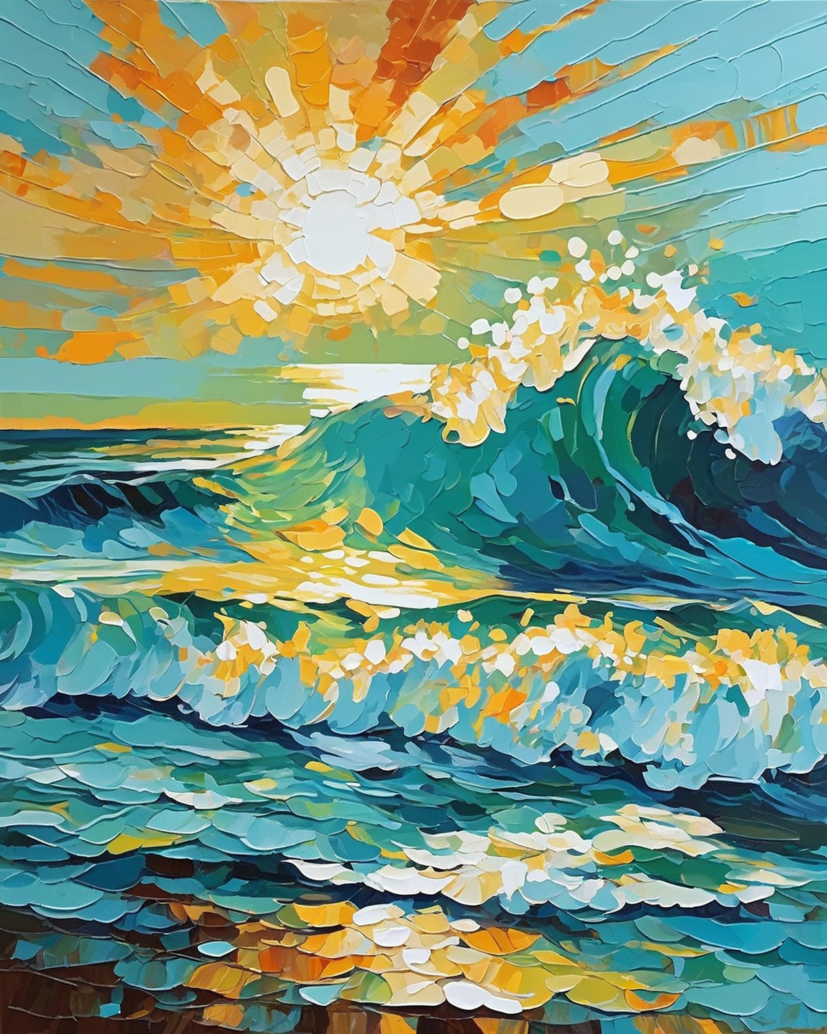 large curling turquoise ocean wave with white foam under a bright yellow sun, paint by numbers kit