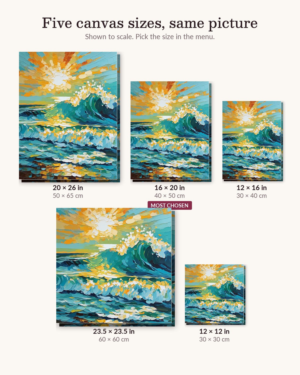 Sunlit Ocean Wave canvas sizes from 12 x 12 to 23.5 x 23.5 inches
