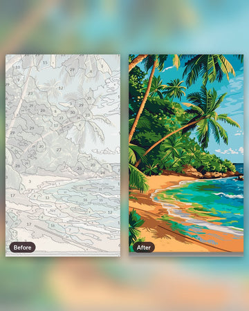 Paradise in the Sun paint by numbers kit, before and after