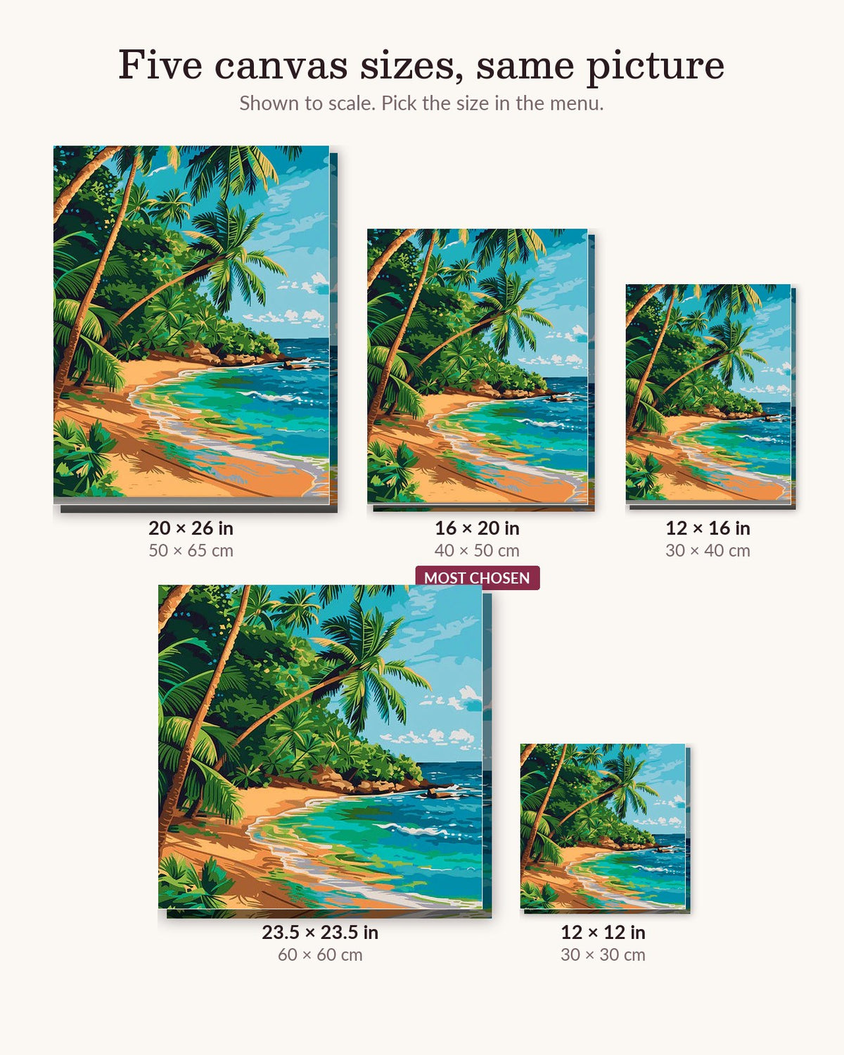 Paradise in the Sun canvas sizes from 12 x 12 to 23.5 x 23.5 inches