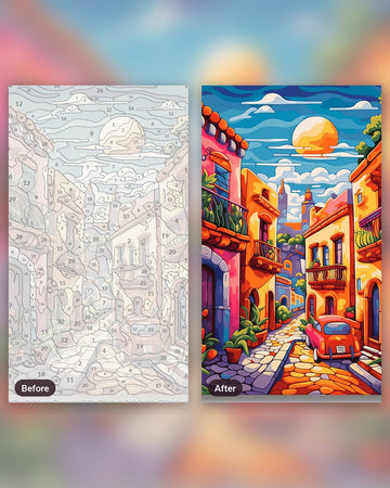 Boulevard Serenade paint by numbers kit, before and after