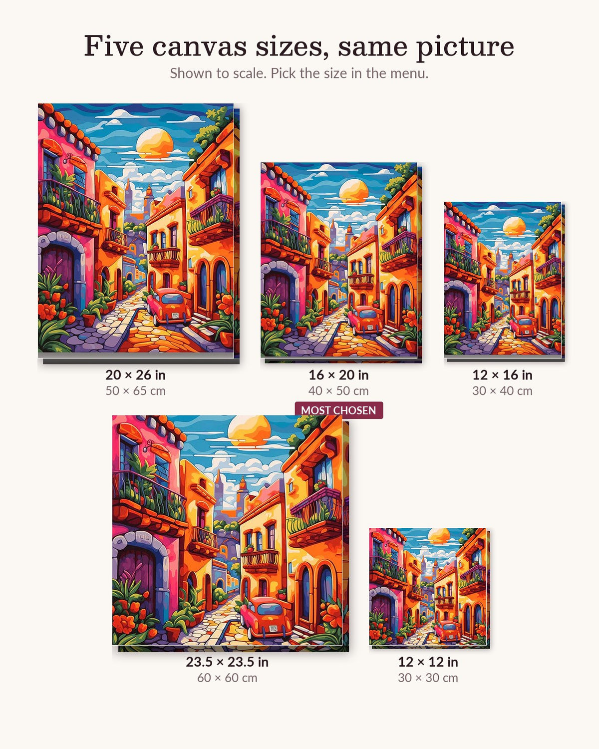 Boulevard Serenade canvas sizes from 12 x 12 to 23.5 x 23.5 inches