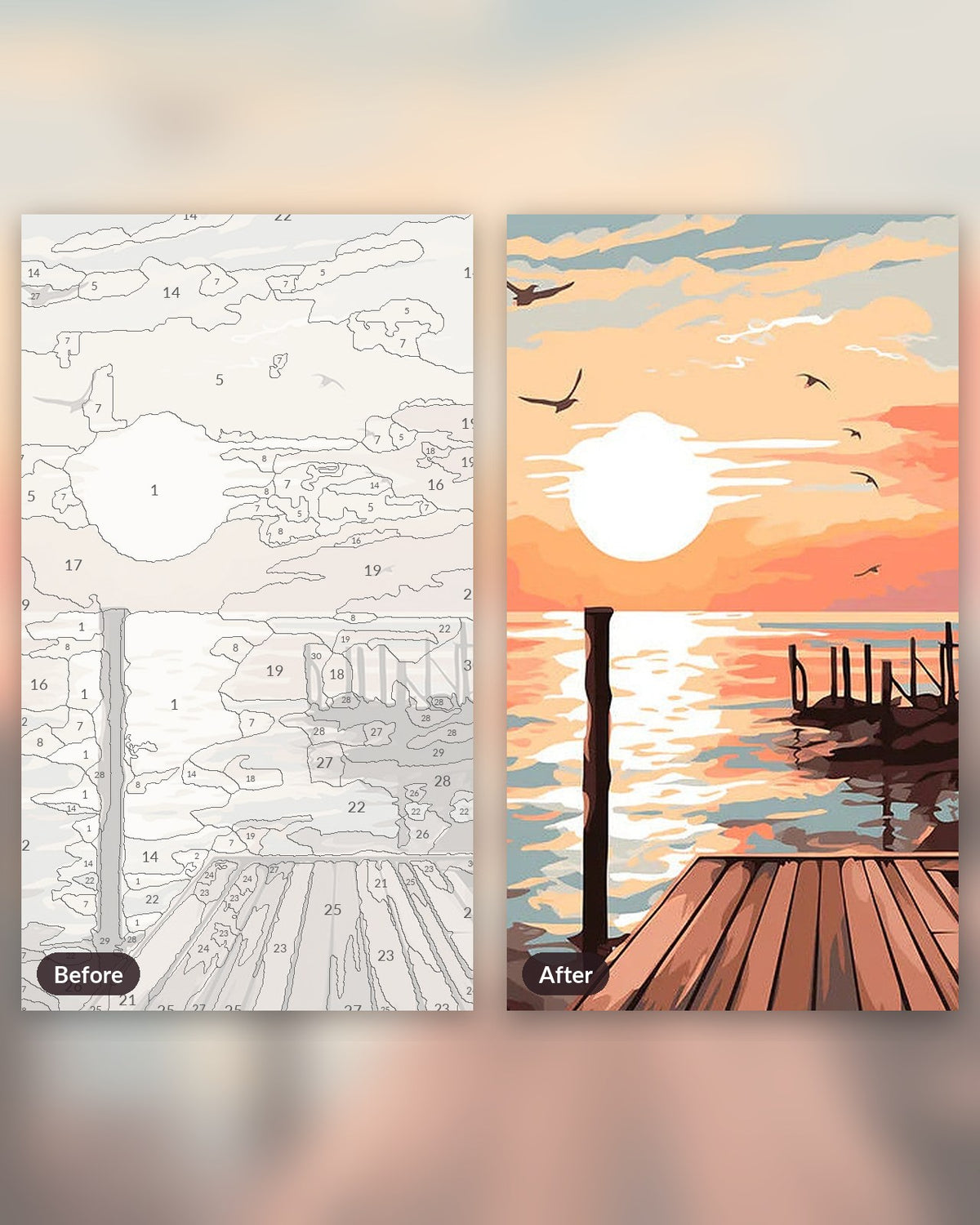 Sunset Pier paint by numbers kit, before and after
