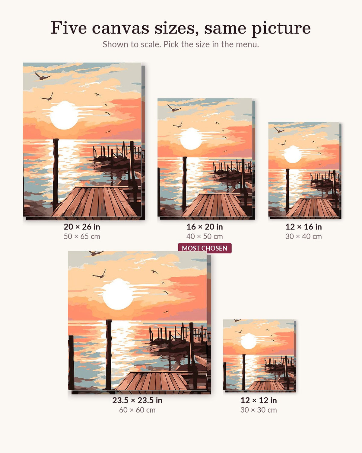 Sunset Pier canvas sizes from 12 x 12 to 23.5 x 23.5 inches