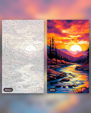 The Sunset Waterway paint by numbers kit, before and after