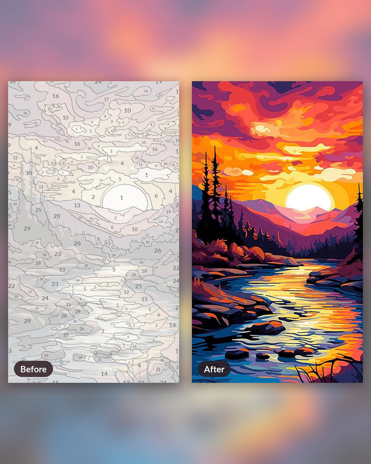 The Sunset Waterway paint by numbers kit, before and after