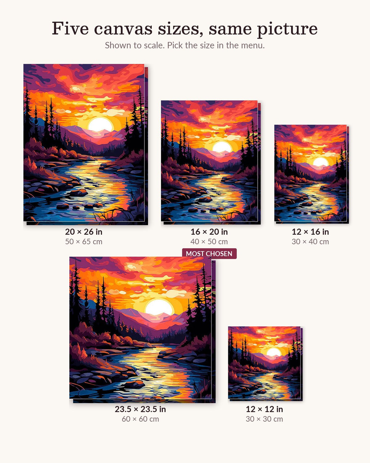 The Sunset Waterway canvas sizes from 12 x 12 to 23.5 x 23.5 inches