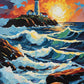 white lighthouse on a rocky island at sunset with large blue waves and white foam, paint by numbers kit