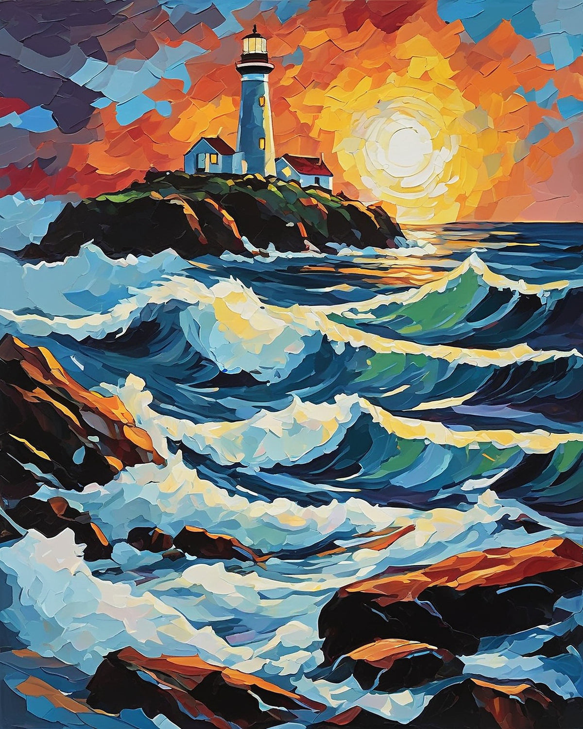 white lighthouse on a rocky island at sunset with large blue waves and white foam, paint by numbers kit