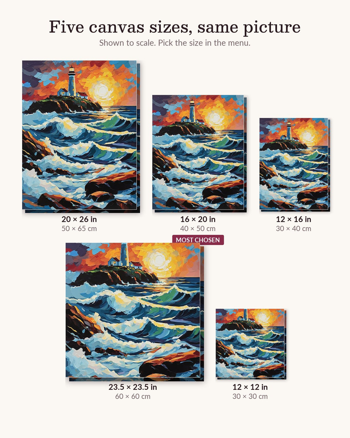 Sunset Surf at the Headland Light canvas sizes from 12 x 12 to 23.5 x 23.5 inches