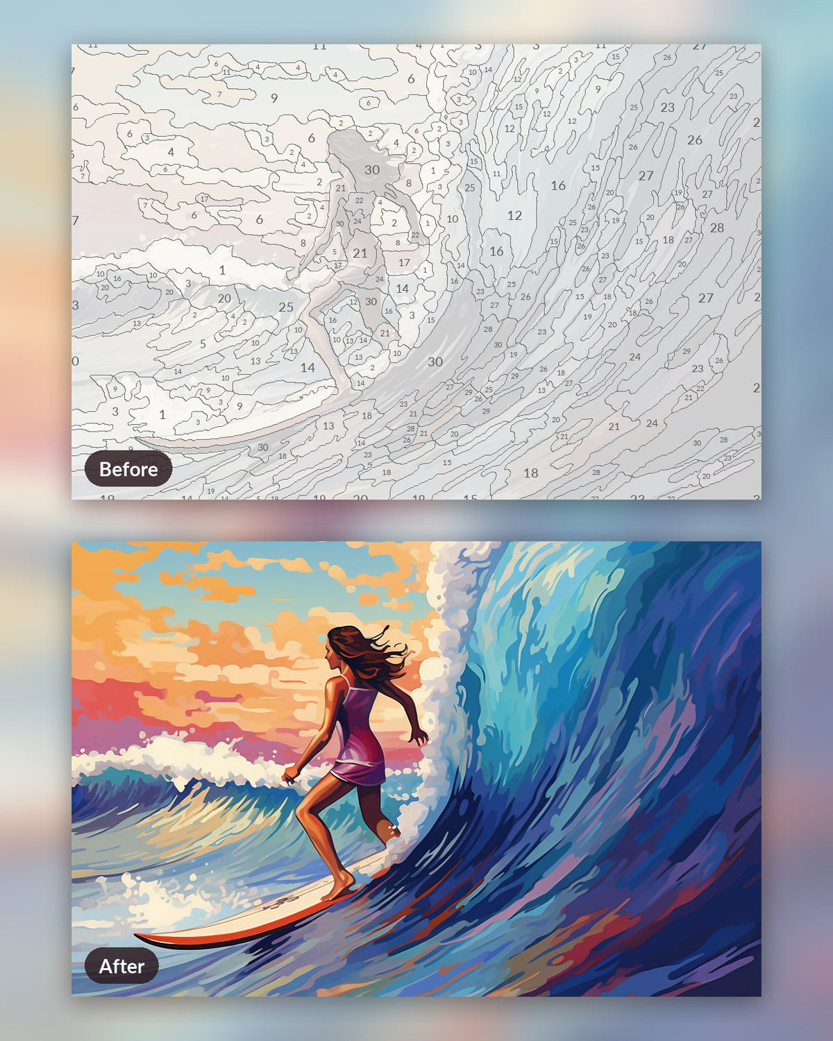 Surfing the Sunset paint by numbers kit, before and after