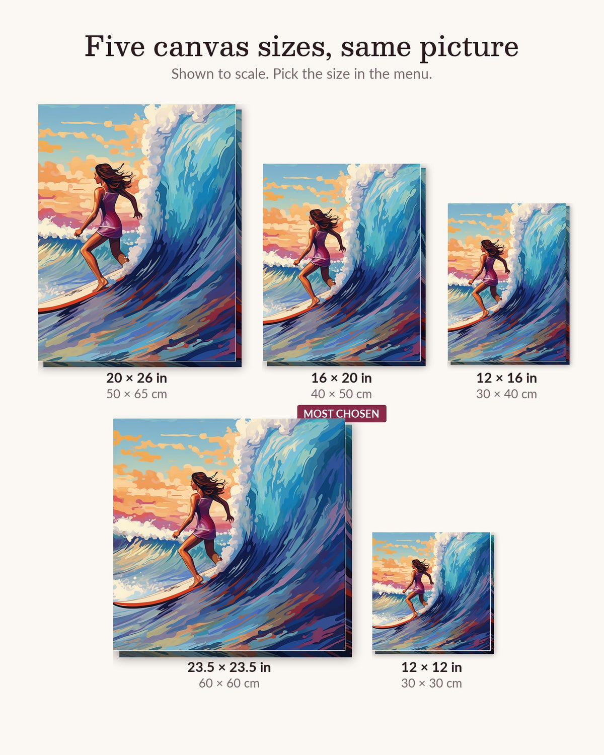 Surfing the Sunset canvas sizes from 12 x 12 to 23.5 x 23.5 inches