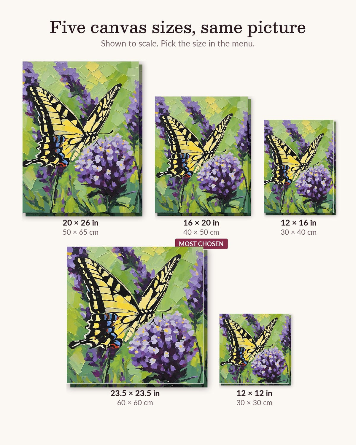 Swallowtail Butterfly on Purple Lavender canvas sizes from 12 x 12 to 23.5 x 23.5 inches