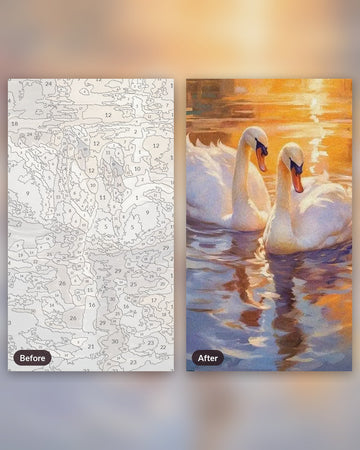 Swans in Golden Sunset paint by numbers kit, before and after