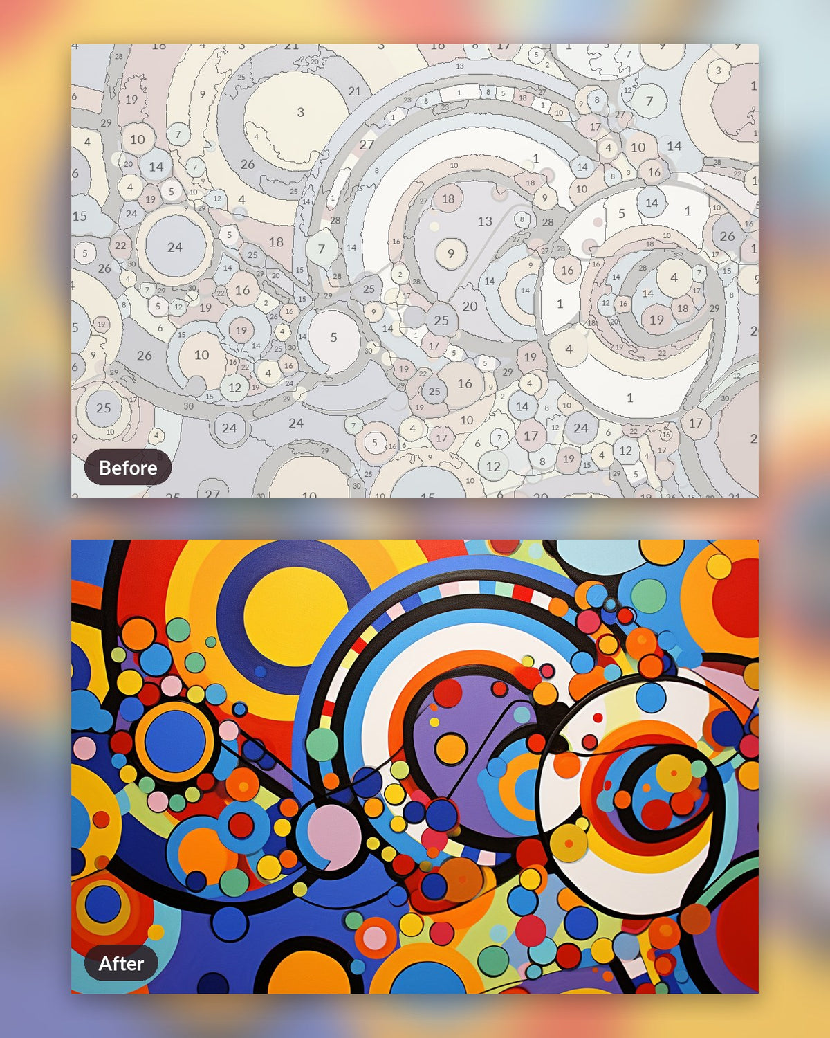 Swirling Fusion paint by numbers kit, before and after