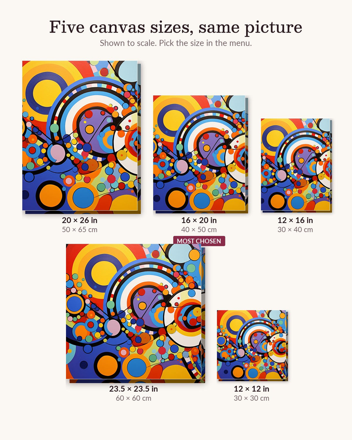 Swirling Fusion canvas sizes from 12 x 12 to 23.5 x 23.5 inches