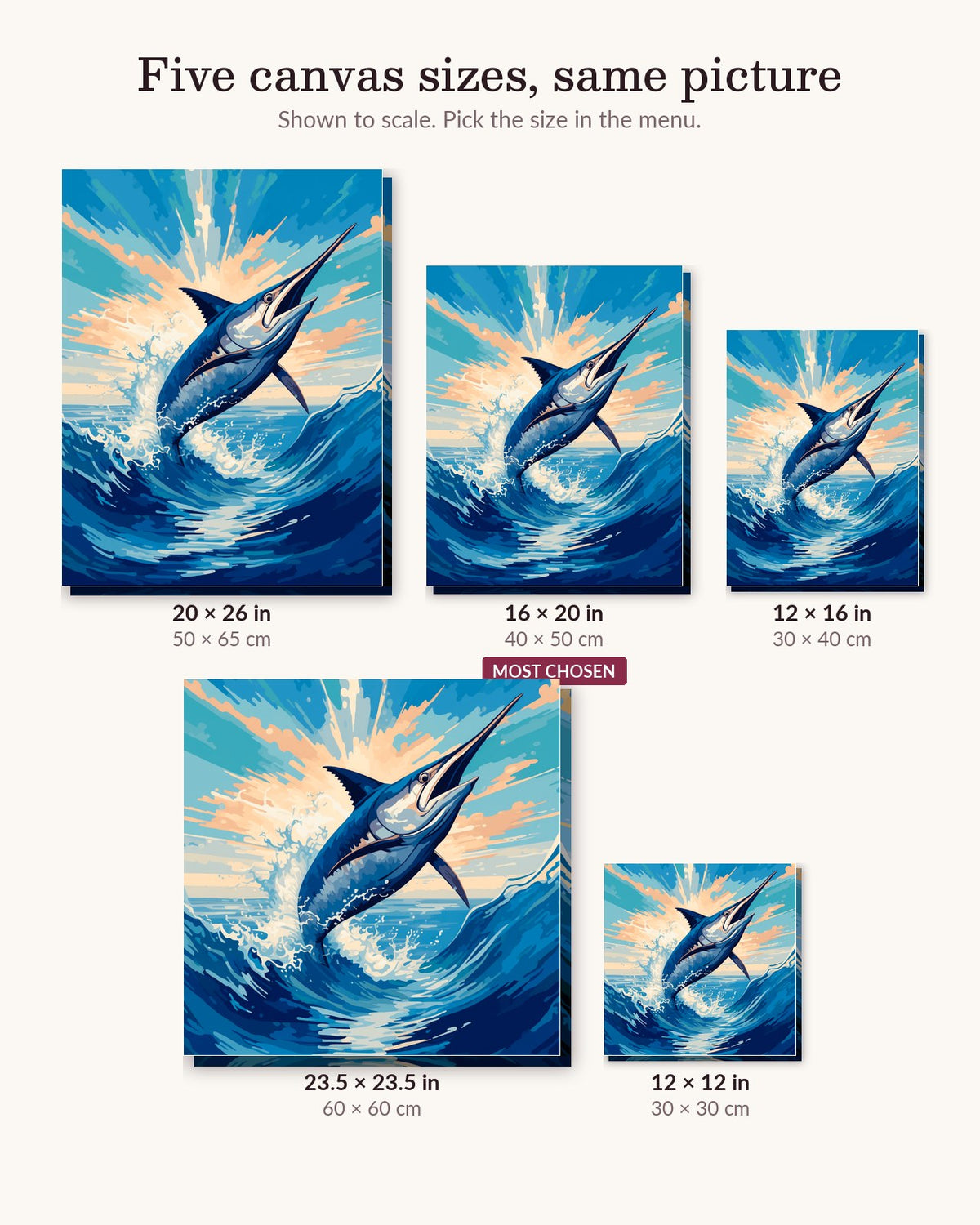 Swordfish Jump canvas sizes from 12 x 12 to 23.5 x 23.5 inches