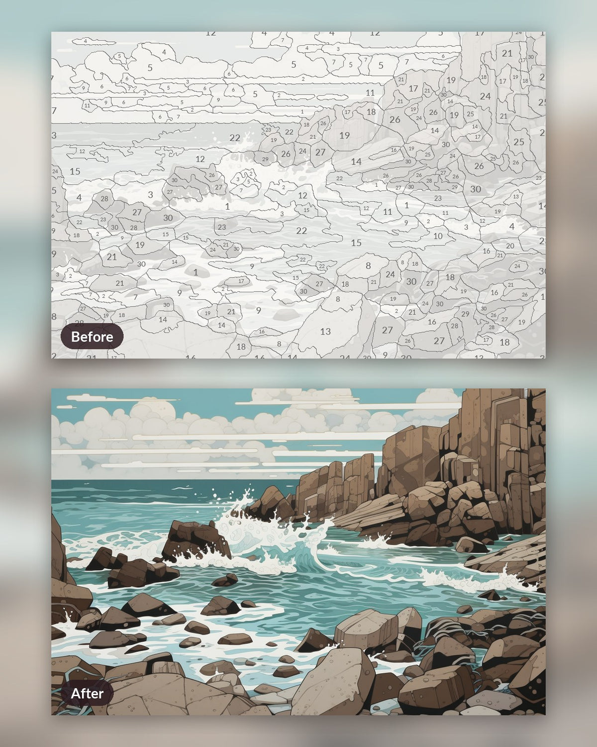 Symmetric Shores paint by numbers kit, before and after