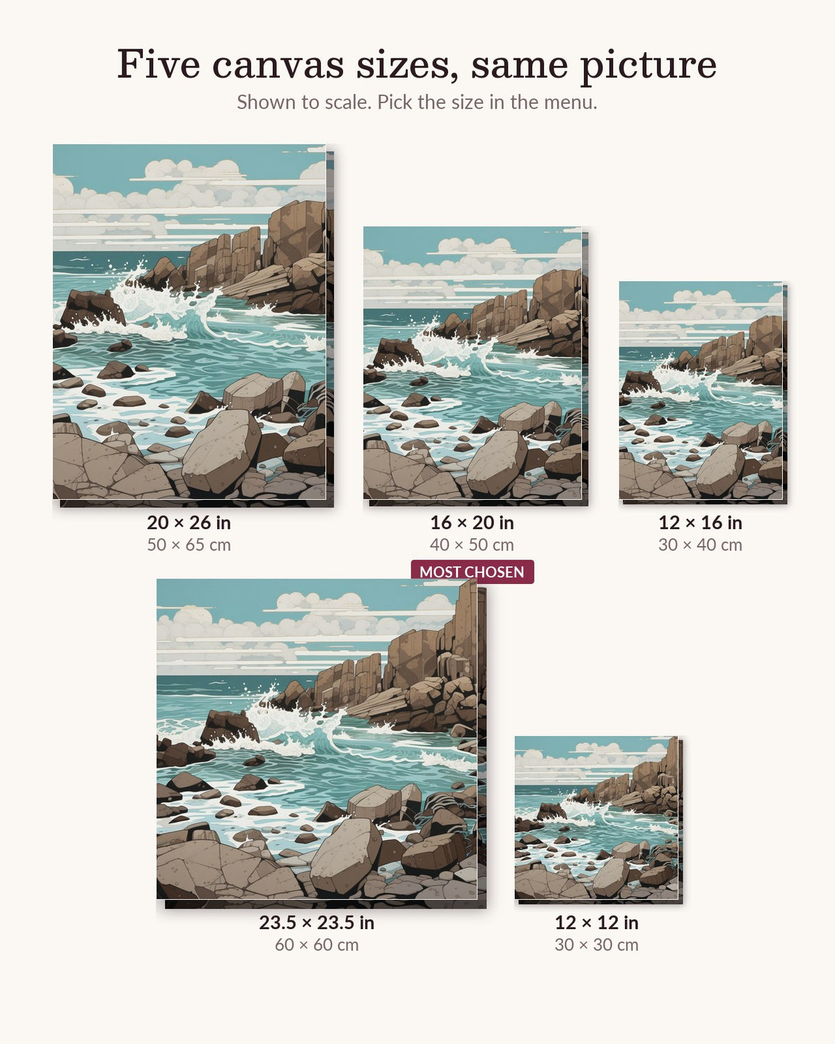 Symmetric Shores canvas sizes from 12 x 12 to 23.5 x 23.5 inches
