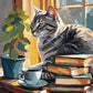Tabby Cat and Books paint by numbers kit, grey tabby cat sleeping on old books next to a mug