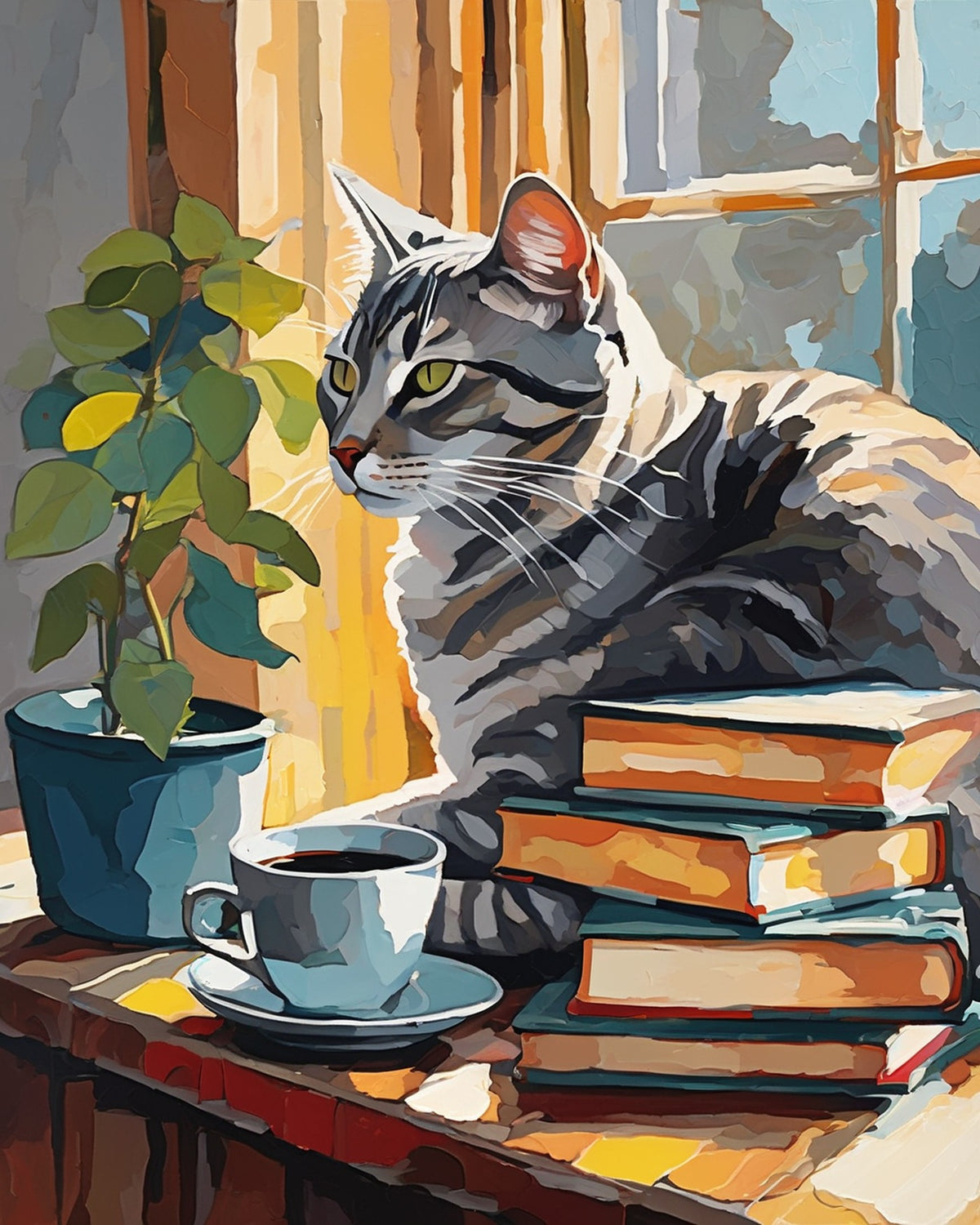 Tabby Cat and Books paint by numbers kit, grey tabby cat sleeping on old books next to a mug