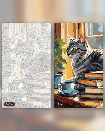 Tabby Cat and Books paint by numbers kit, before and after