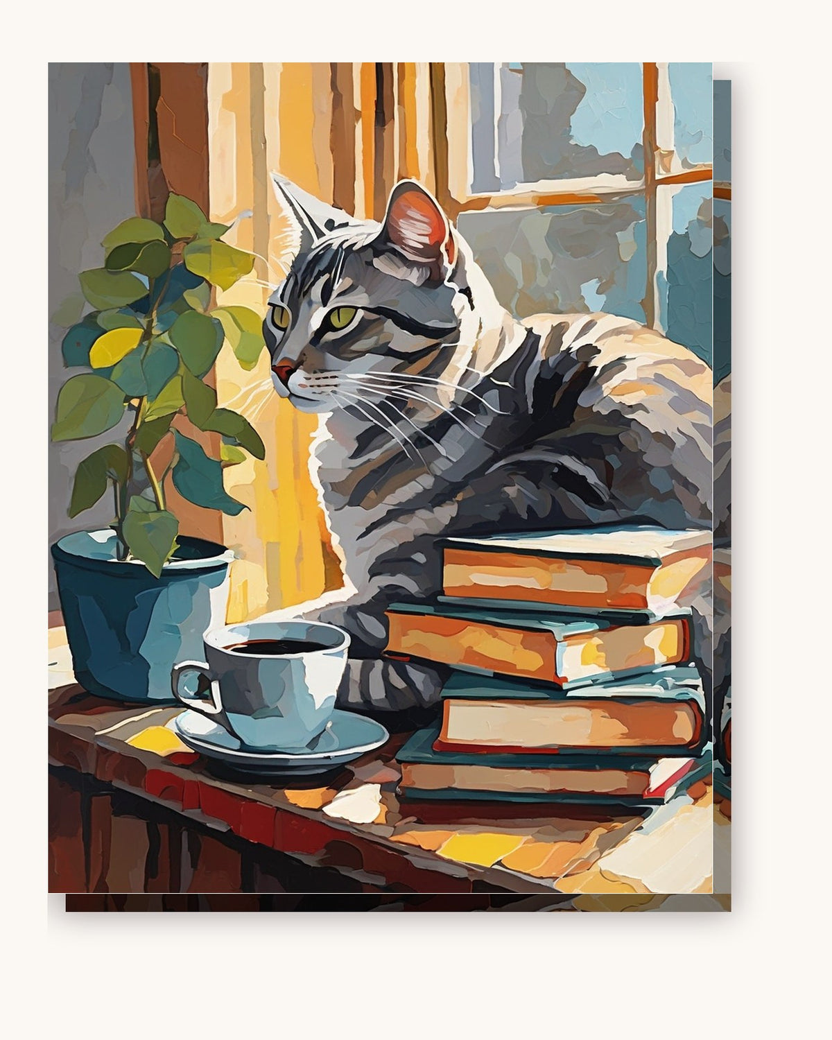 Tabby Cat and Books paint by numbers kit on stretched canvas