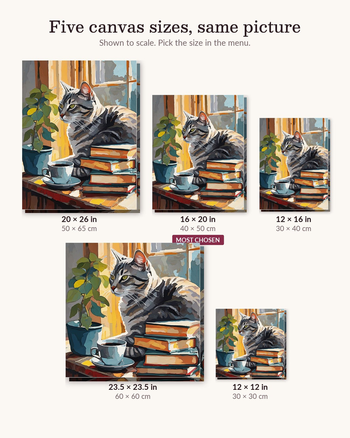 Tabby Cat and Books canvas sizes from 12 x 12 to 23.5 x 23.5 inches