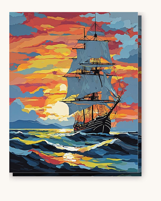 Tall Ship at Sunset paint by numbers kit on stretched canvas