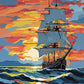 old tall sailing ship with pale sails on dark waves under an orange sunset sky, paint by numbers kit