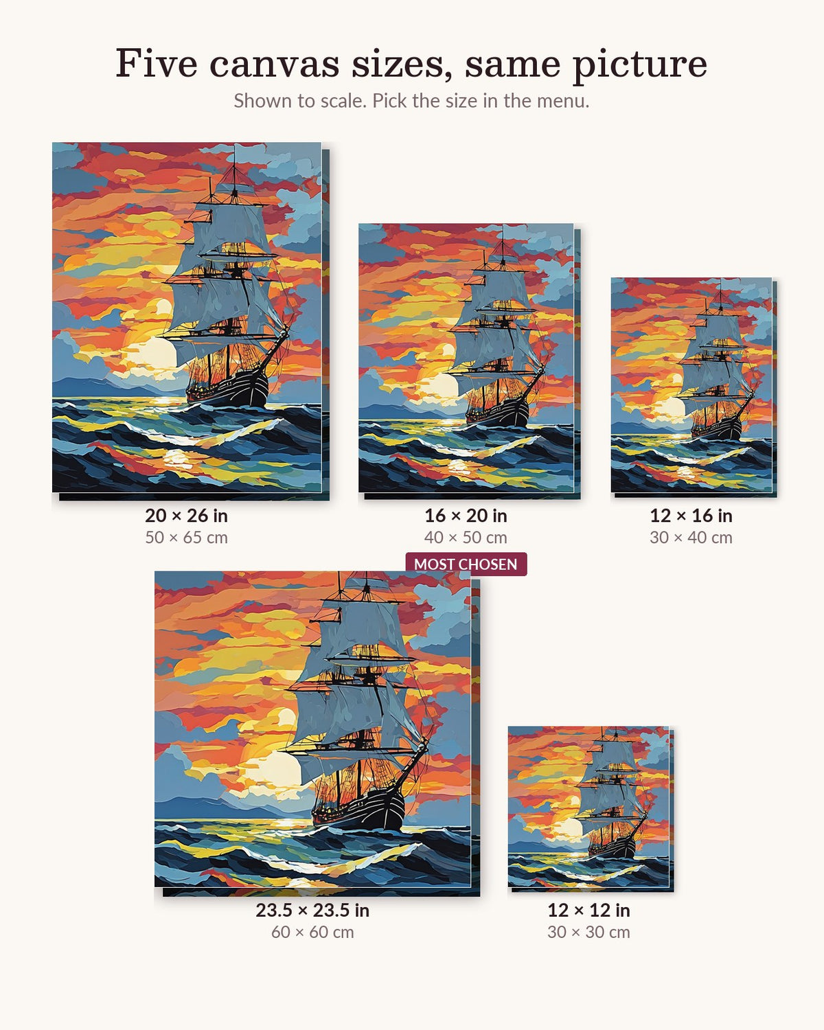 Tall Ship at Sunset canvas sizes from 12 x 12 to 23.5 x 23.5 inches