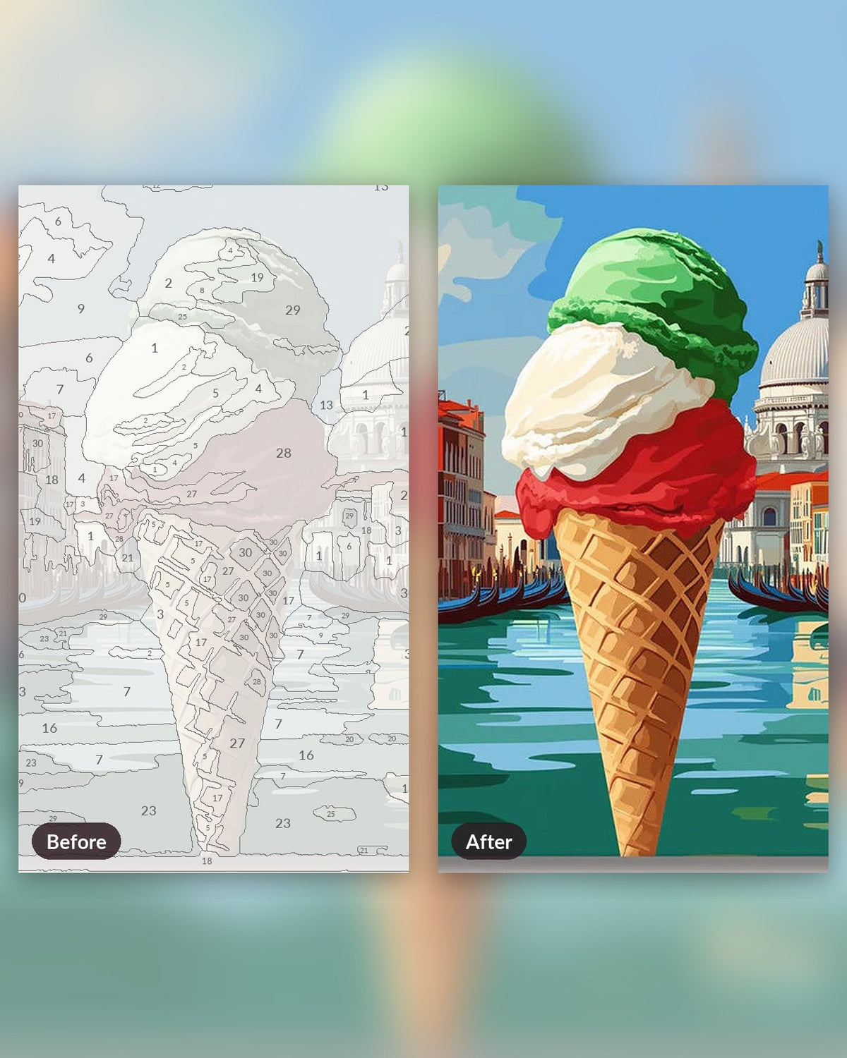 Italian Essence paint by numbers kit, before and after
