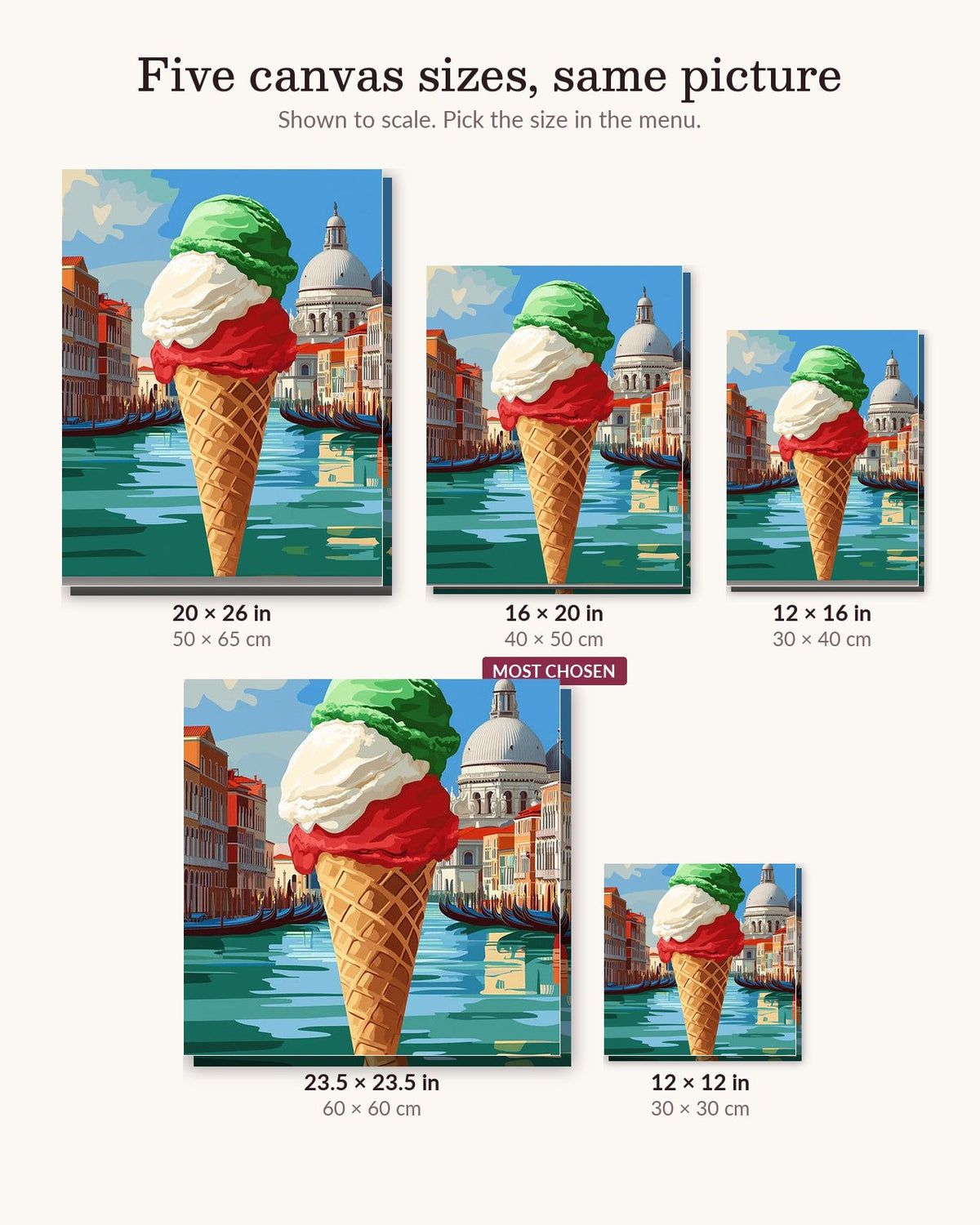 Italian Essence canvas sizes from 12 x 12 to 23.5 x 23.5 inches