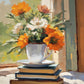 Tea and Wildflowers paint by numbers kit, teacup and jar of wildflowers on a stack of books