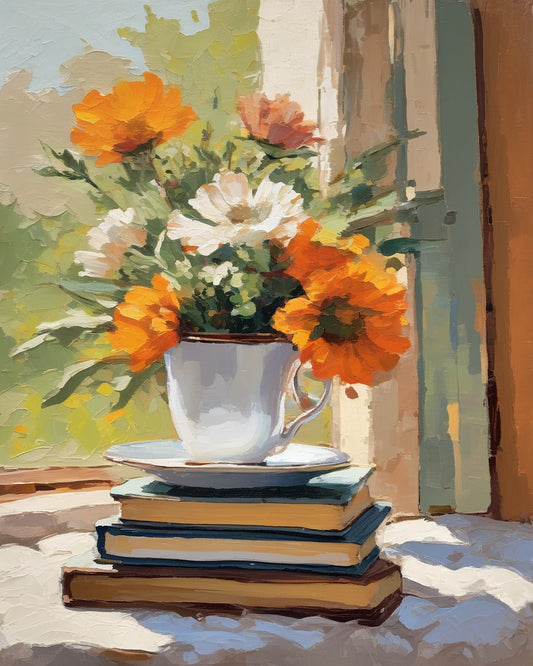 Tea and Wildflowers paint by numbers kit, teacup and jar of wildflowers on a stack of books