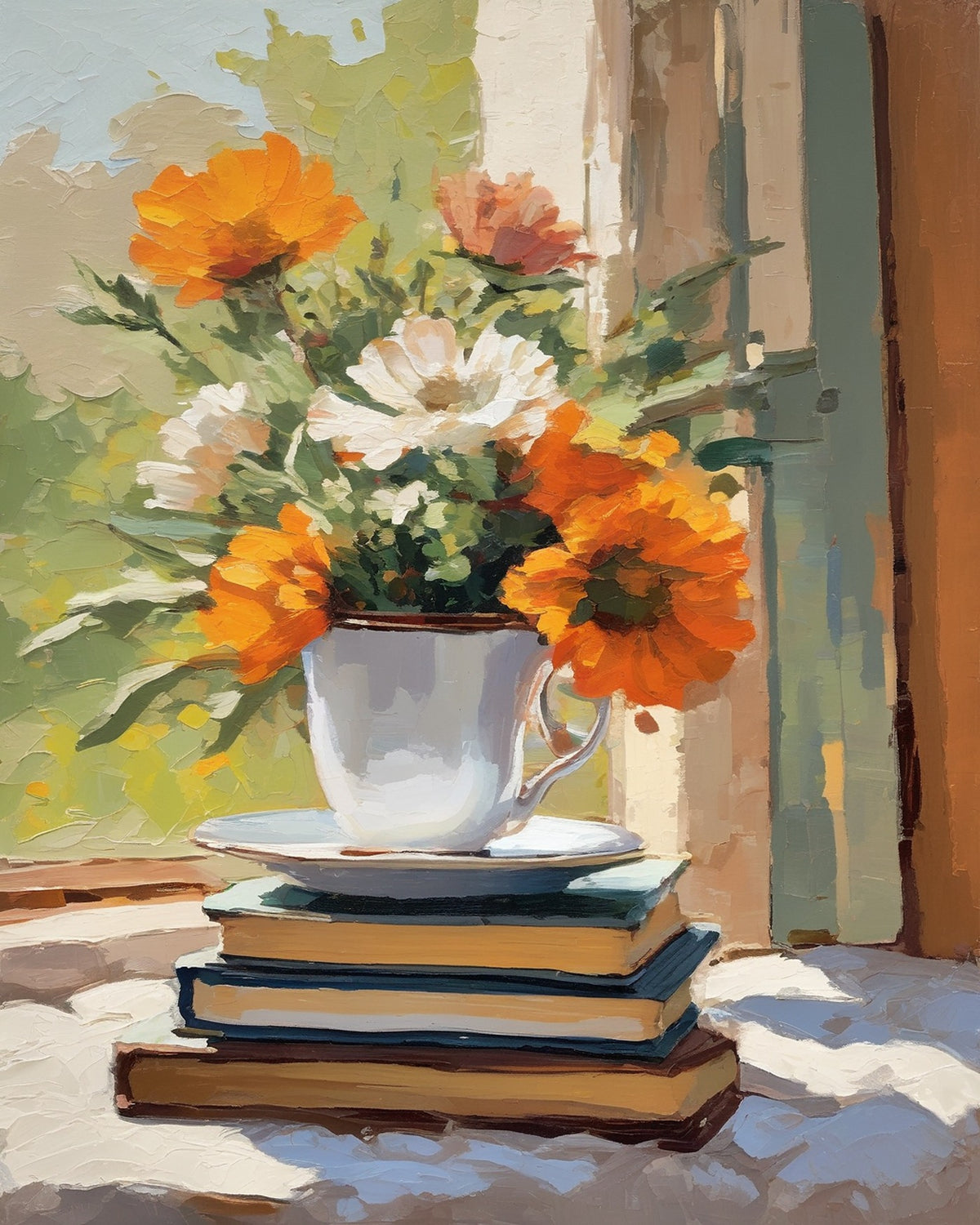 Tea and Wildflowers paint by numbers kit, teacup and jar of wildflowers on a stack of books