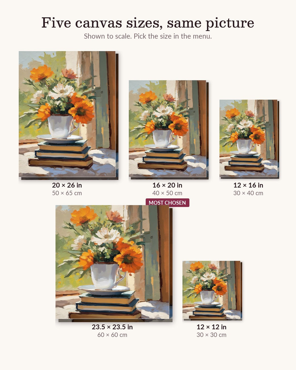 Tea and Wildflowers canvas sizes from 12 x 12 to 23.5 x 23.5 inches