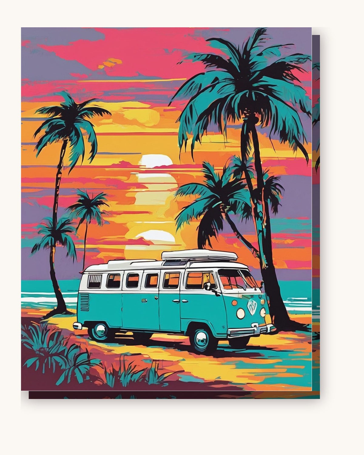 Teal Camper Van at Sunset paint by numbers kit on stretched canvas