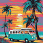 teal and white camper van parked by the sea with palm trees and a pink orange sunset, paint by numbers kit