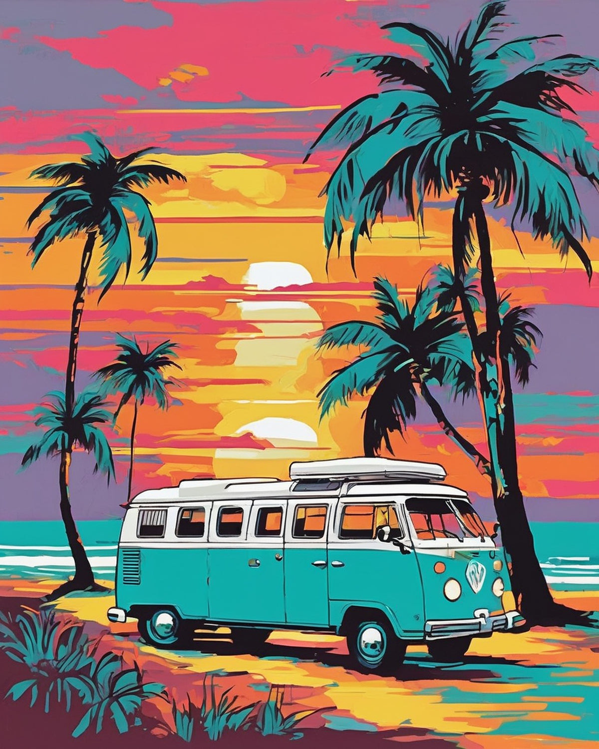 teal and white camper van parked by the sea with palm trees and a pink orange sunset, paint by numbers kit