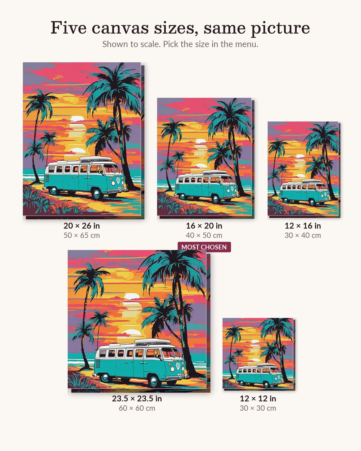 Teal Camper Van at Sunset canvas sizes from 12 x 12 to 23.5 x 23.5 inches