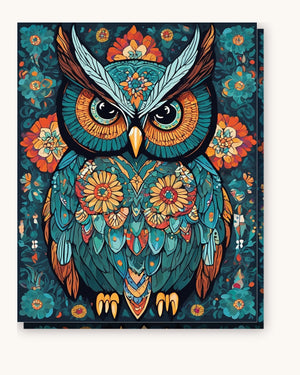 Teal Owl with Flower Patterns paint by numbers kit on stretched canvas