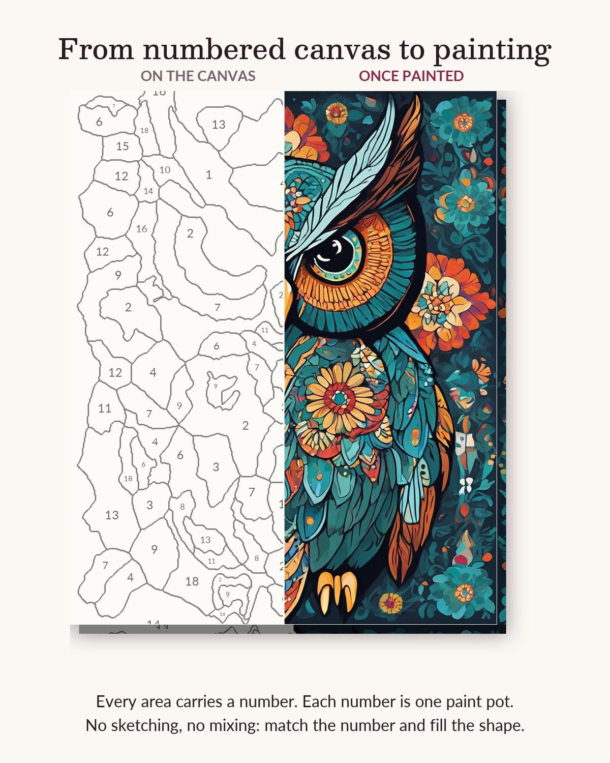 Teal Owl with Flower Patterns numbered canvas next to the finished painting