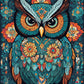 teal owl with large orange eyes and flower patterns on its chest on a dark floral background, paint by numbers kit