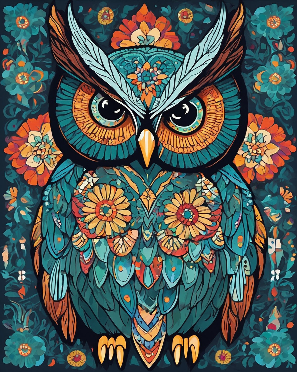 teal owl with large orange eyes and flower patterns on its chest on a dark floral background, paint by numbers kit