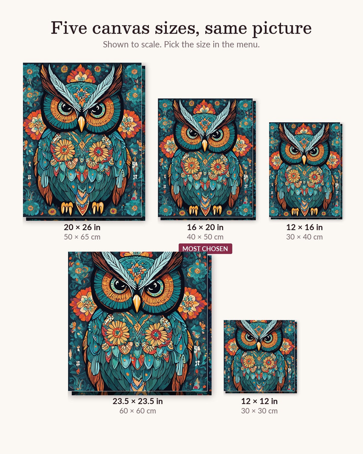 Teal Owl with Flower Patterns canvas sizes from 12 x 12 to 23.5 x 23.5 inches