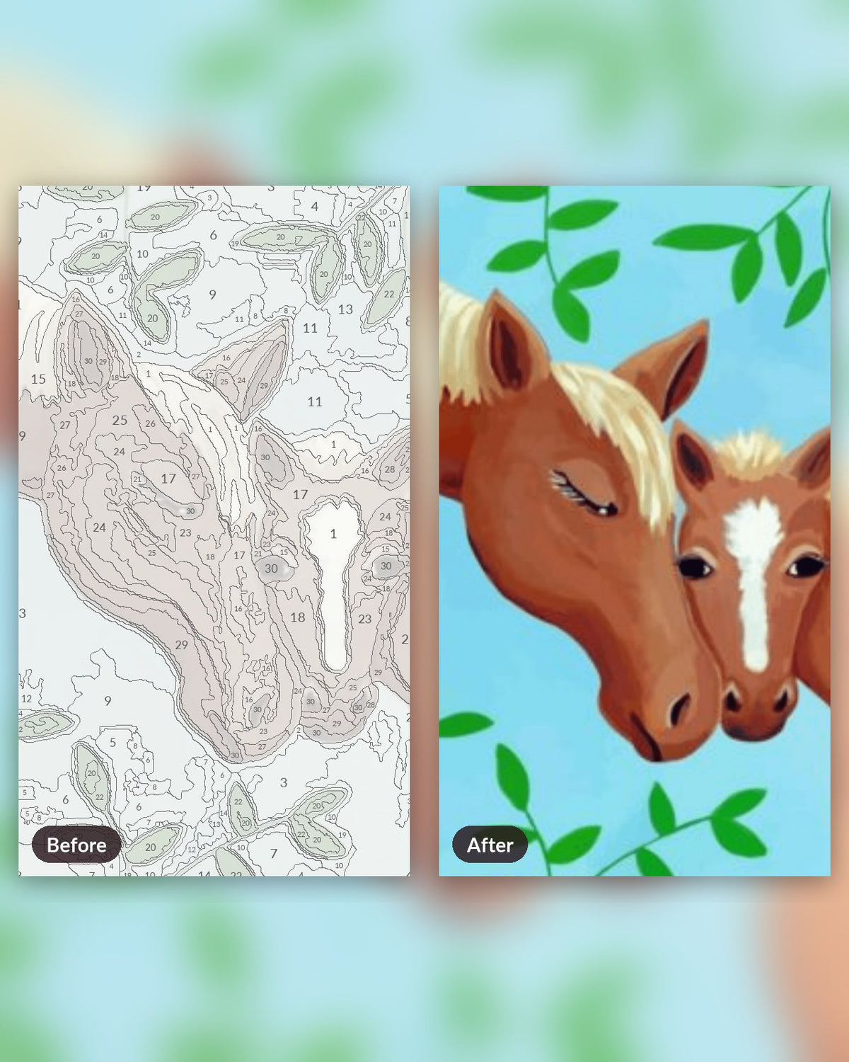 Tender Bond: Mother and Foal paint by numbers kit, before and after